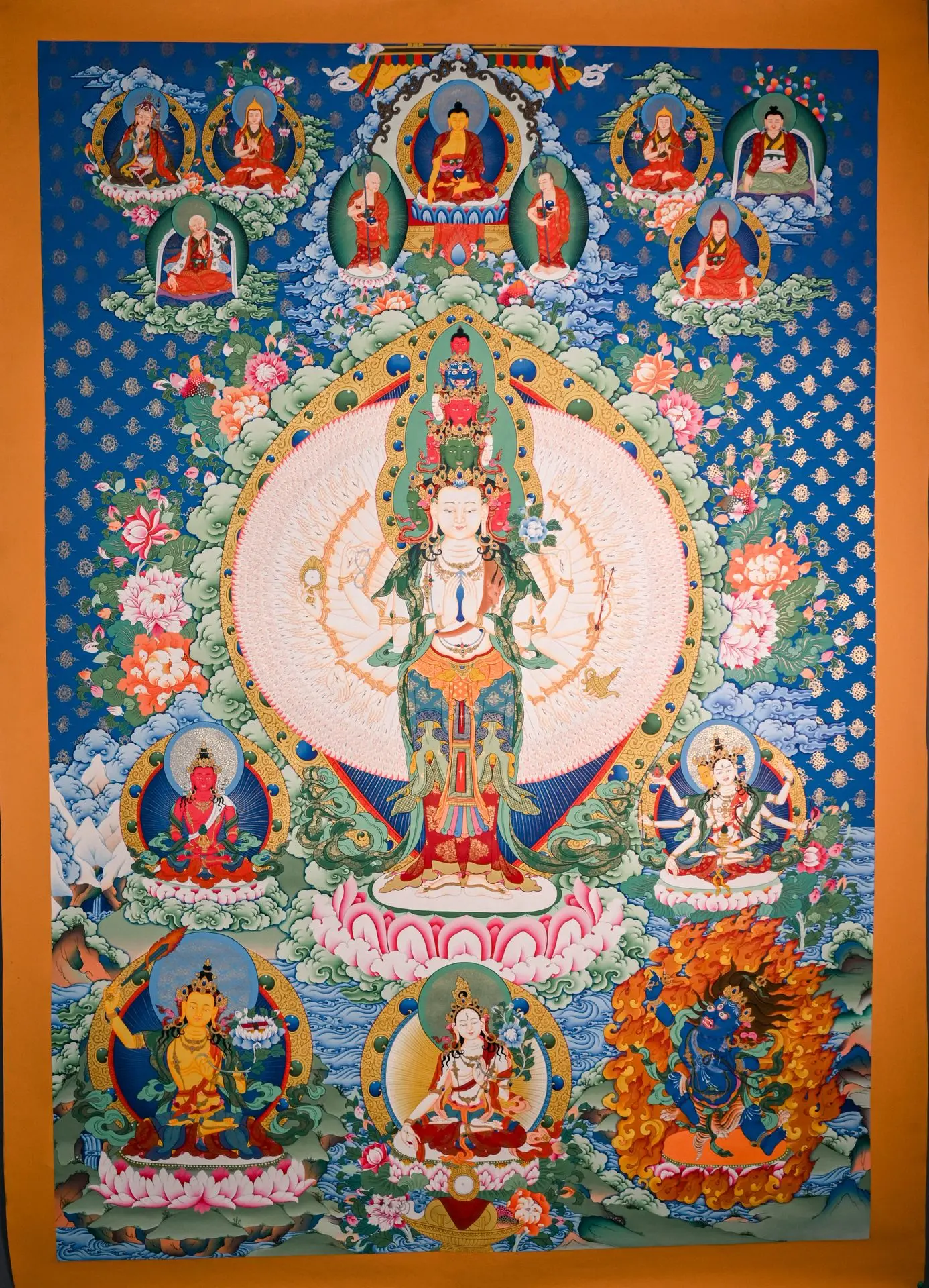 Authentic hand-painted Thousand-Armed Chenrezig Thangka with gold highlights. For compassion, protection, and calm courage. Invite blessings to your altar today.