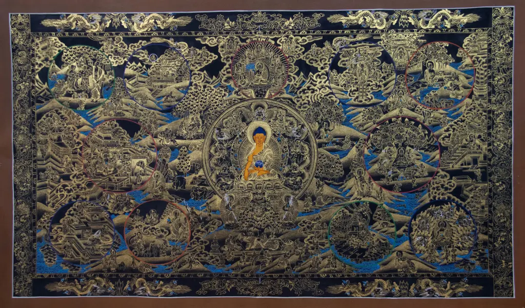 Shakyamuni Buddha Thangka (The Twelve Deeds of Enlightenment)