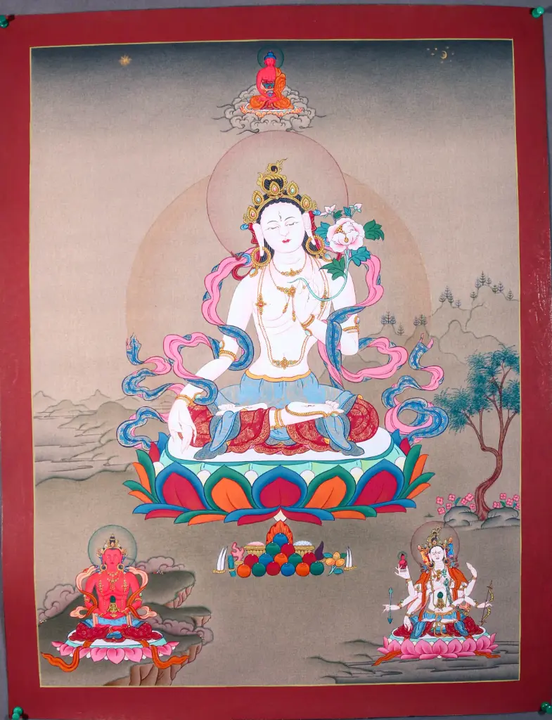 White Tara Thangka – Trinity of Long Life – Radiant Healing & Longevity