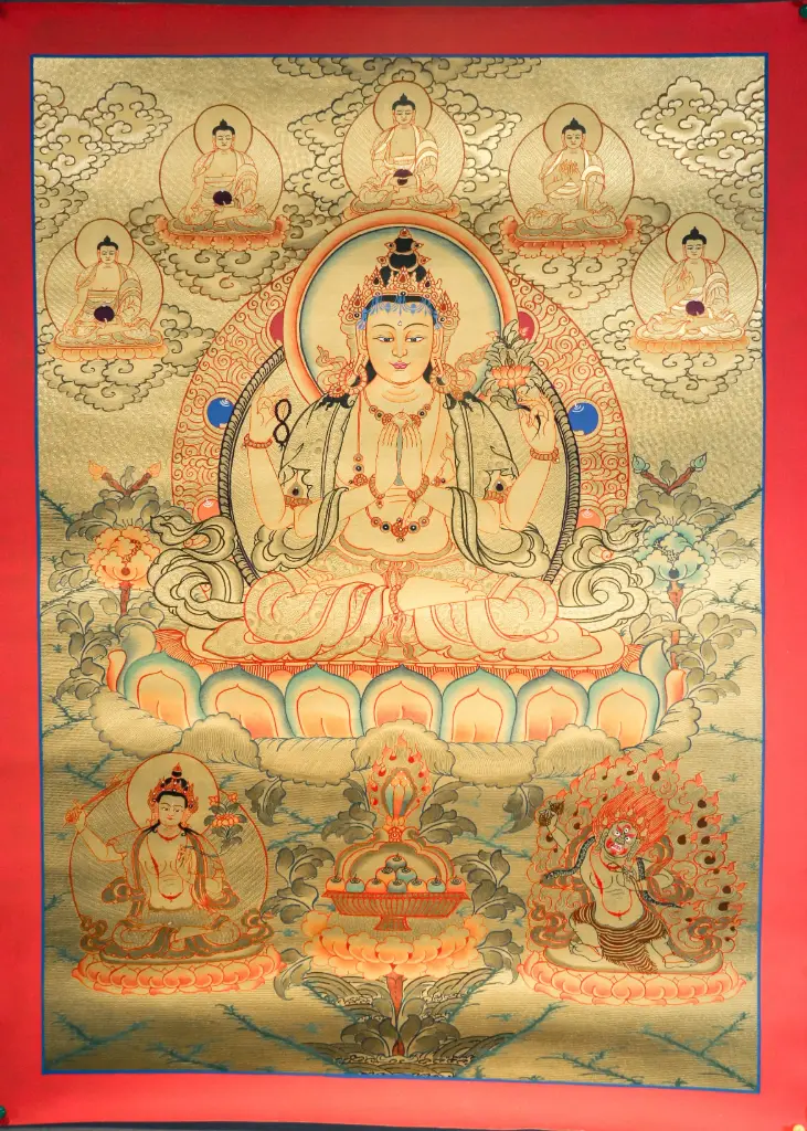 Chenrezig Thangka – 24K Gold Serthang – The Heart of Awakened Compassion 