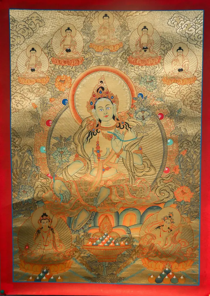 Green Tara Thangka – Five Dhyani Assembly
