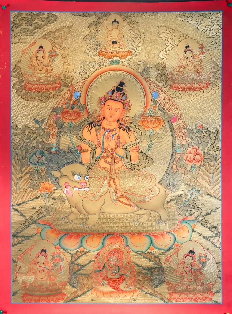 Manjushri on Lion Thangka (Five‑Fold Gold Serthang)