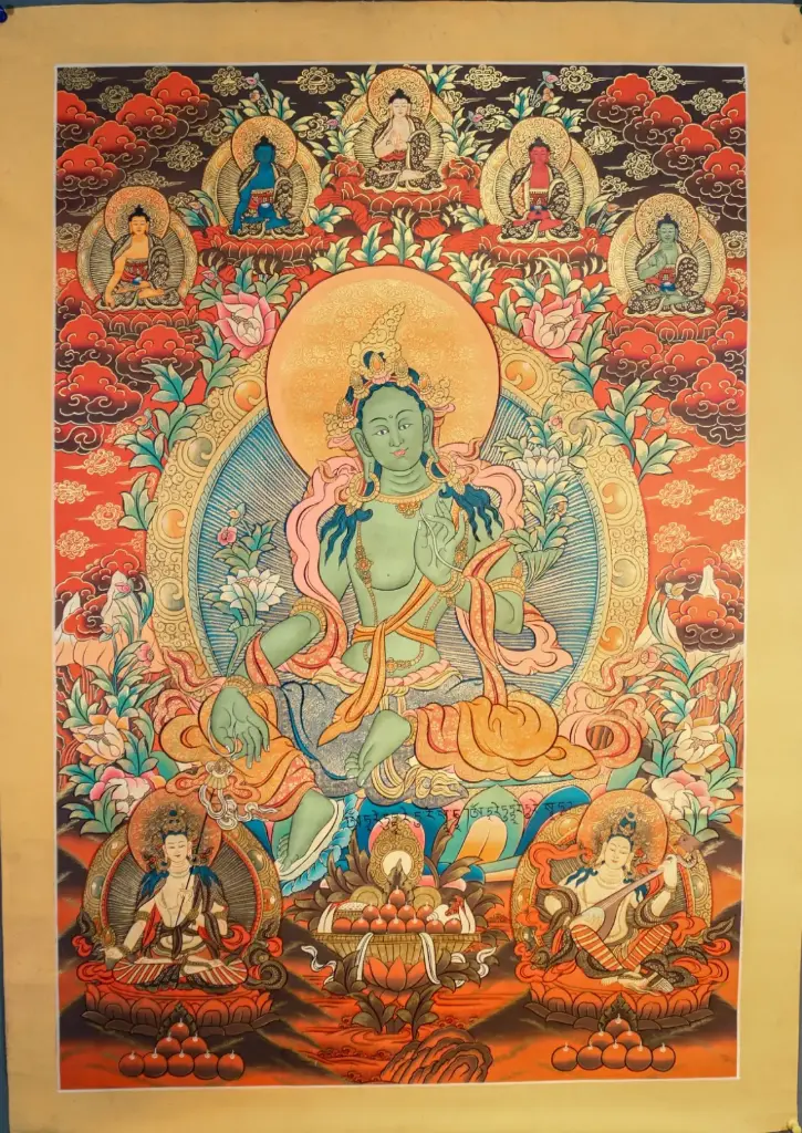 Green Tara Thangka – Five Dhyani Assembly – Sanctuary of Swift Wisdom