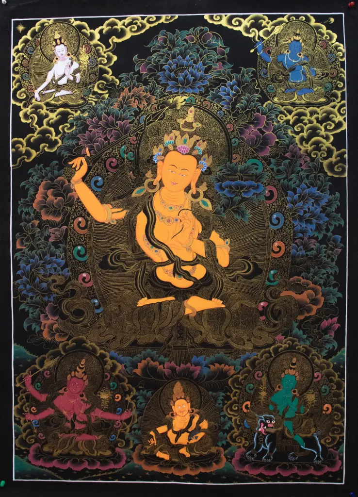 Five Manjushri with Yellow Jambhala Thangka