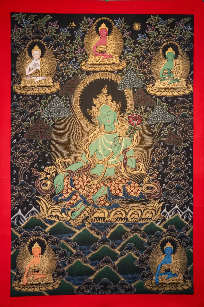 Green Tara Thangka – Golden Nagthang – Menri Style