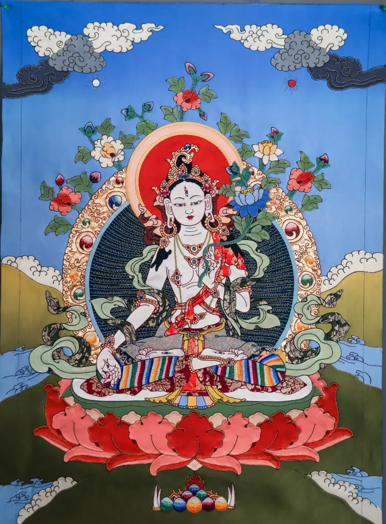 White Tara Thangka – Tibetan Silk Applique