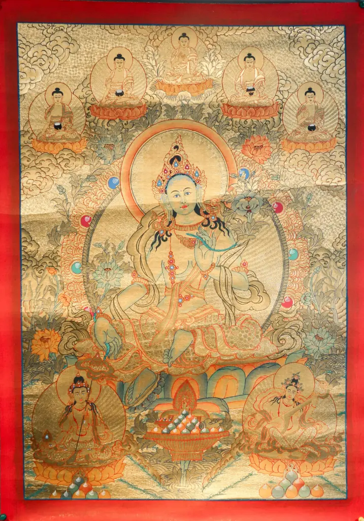 Green Tara Thangka – Five Dhyani Assembly