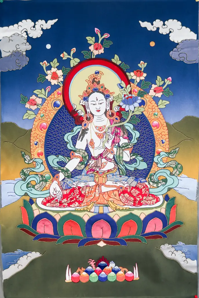 White Tara Thangka – Tibetan Silk Applique