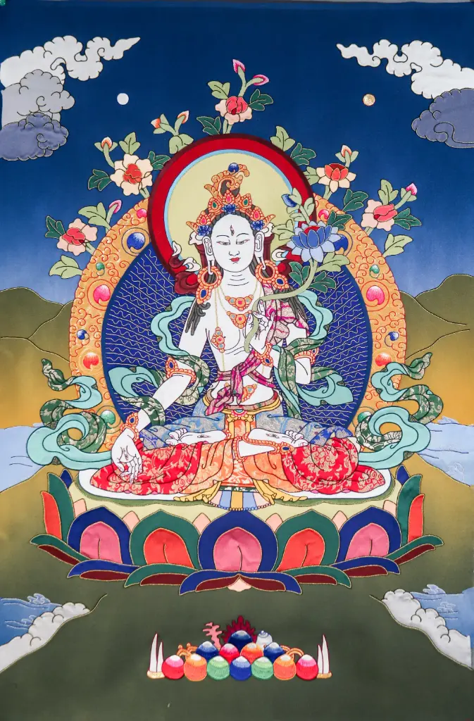 White Tara Thangka – Tibetan Silk Applique