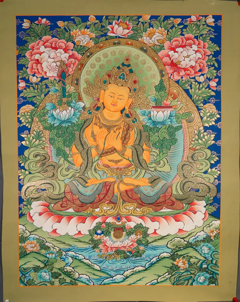Mañjughoṣa Manjushri Thangka – Dharmachakra Lotus Assembly