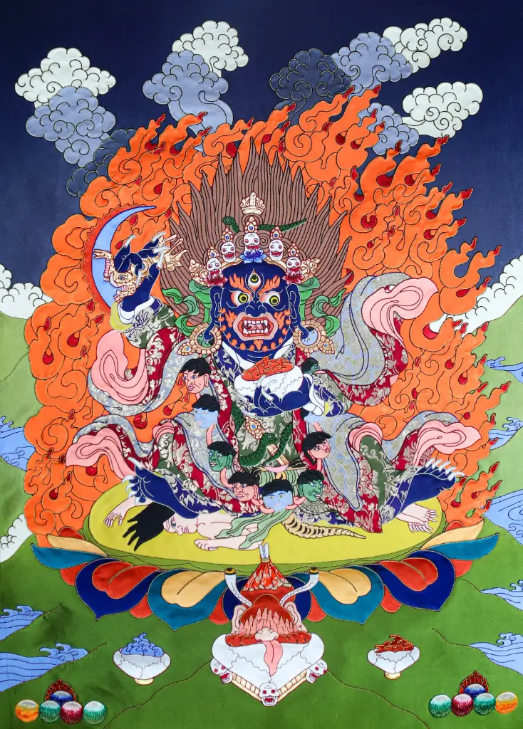 Bernakchen Mahakala Appliqué Thangka – Hand-Stitched Silk Art