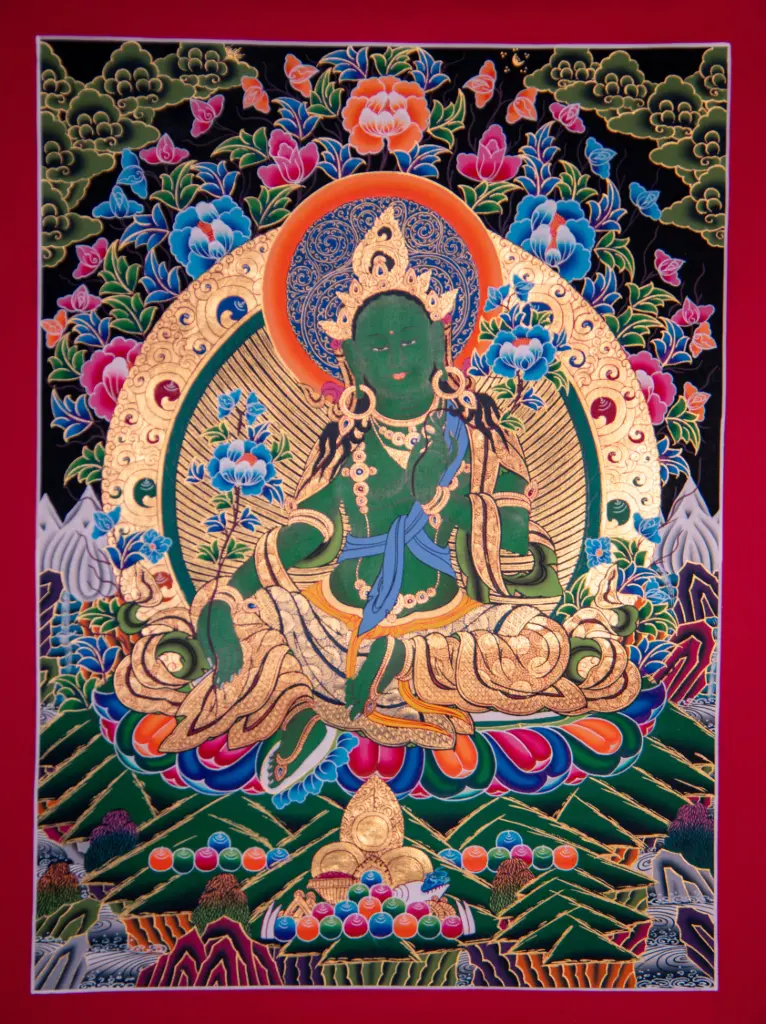 Green Tara Thangka – Golden Nagthang – Menri Style