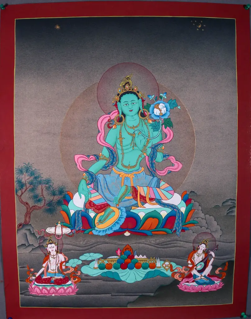 Green Tara Thangka – With Dhukkar and Saraswati