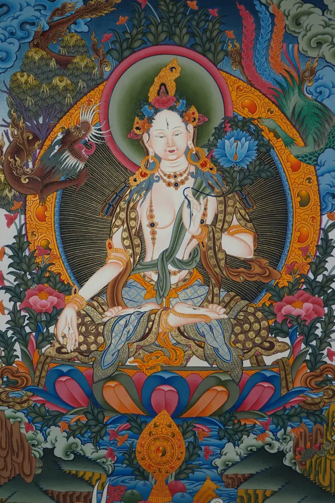White Tara Thangka – Menri Style Landscape