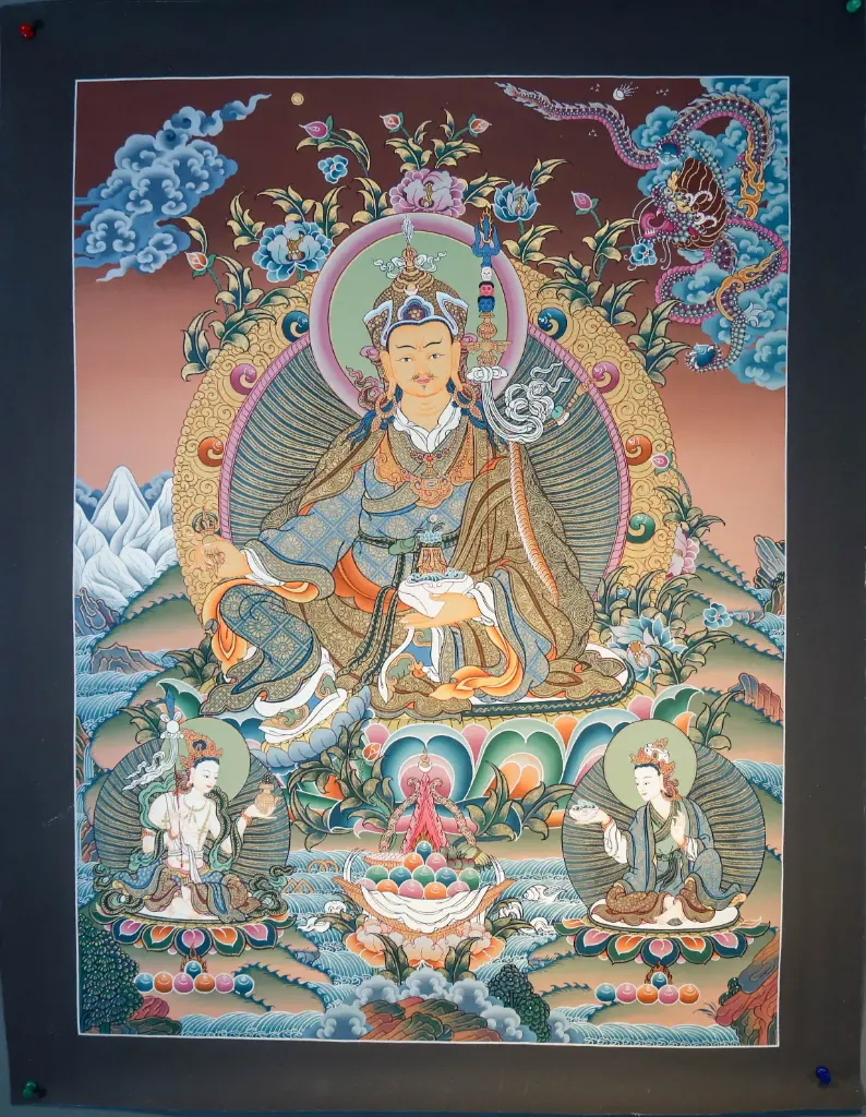 Guru Rinpoche with Mandarava & Yeshe Tsogyal Thangka 