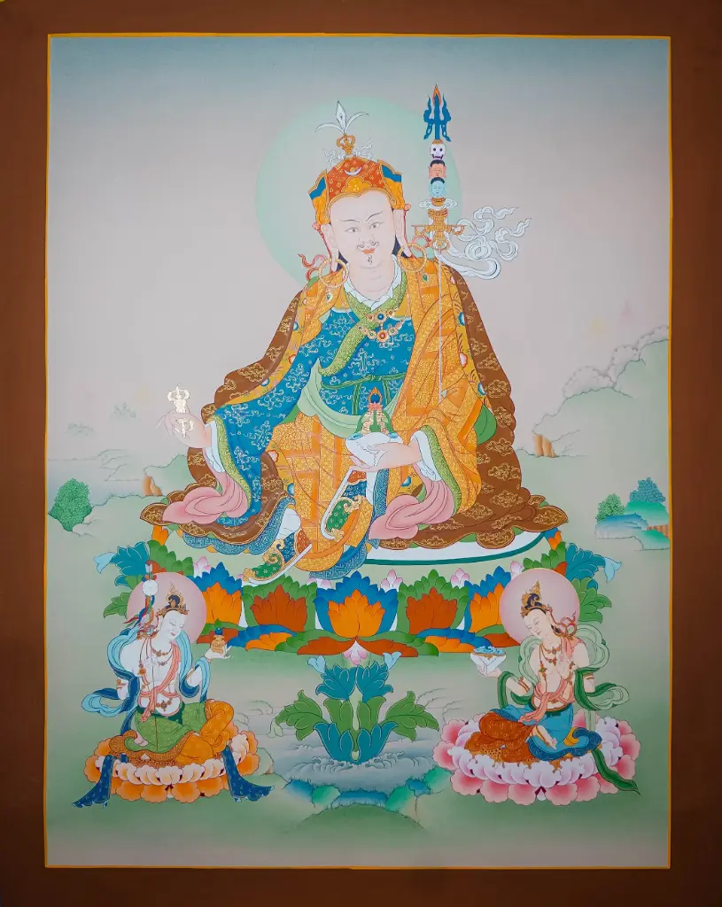 Guru Padmasambhava with Mandarava & Yeshe Tsogyal Thangka – The Lotus Trinity