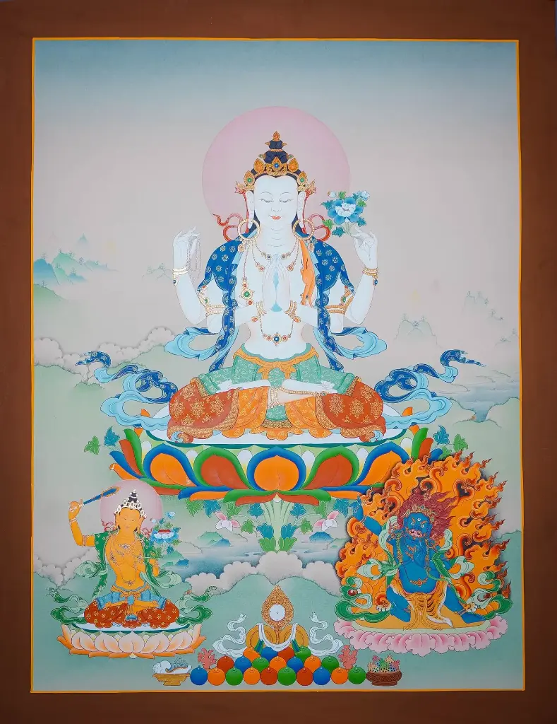 Chenrezig Thangka – Lords of the Three Families – Compassion, Wisdom, and Power