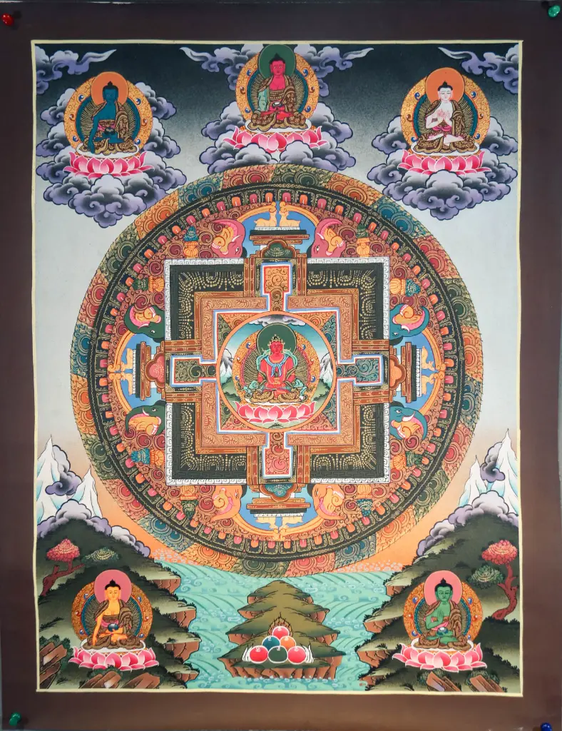 Amitayus Thangka – Palace Mandala with Five Dhyani Buddhas
