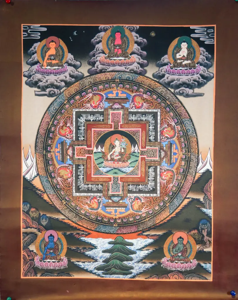 White Tara Thangka – Palace Mandala with Five Buddhas