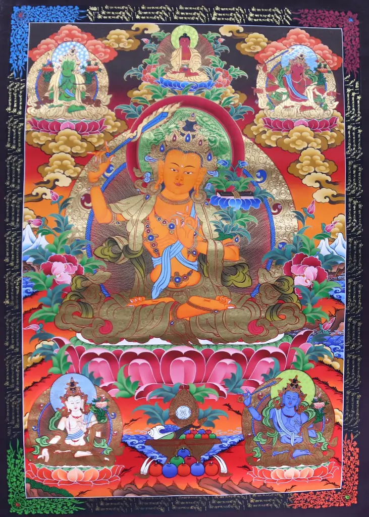 Arapachana Manjushri Thangka (Five‑Fold Wisdom Assembly)