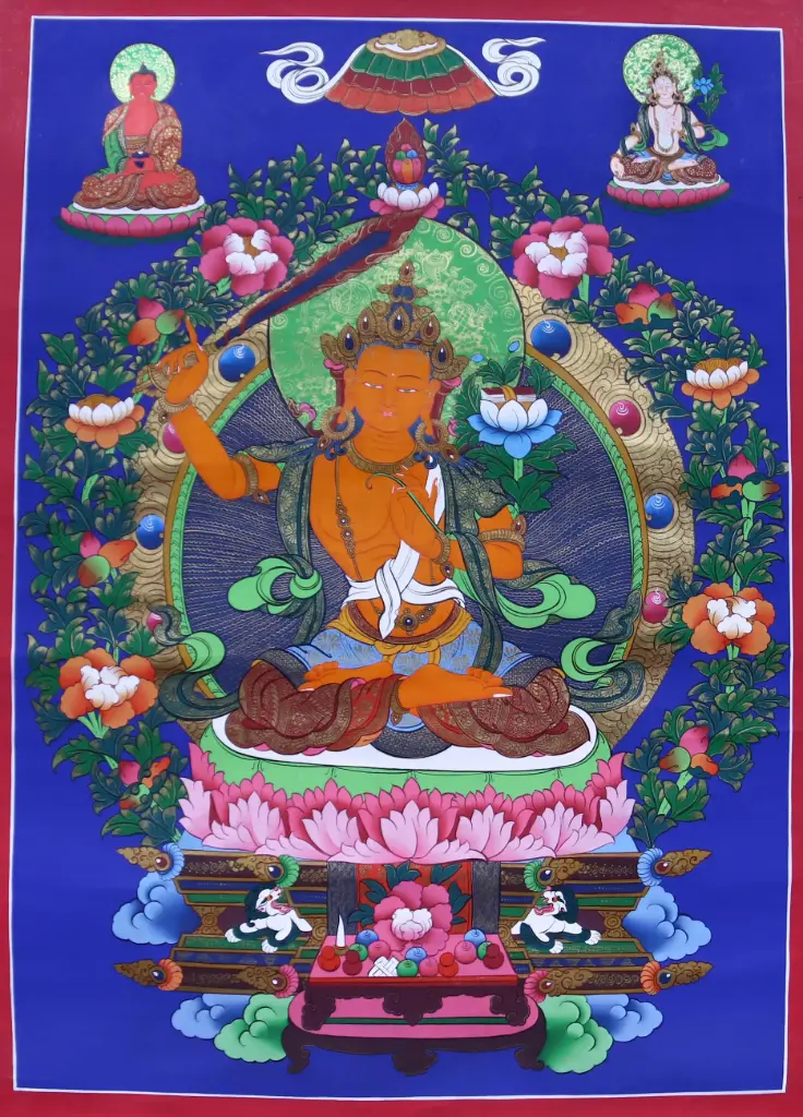 Manjushri, Amitabha, White Tara – Blue Thangka