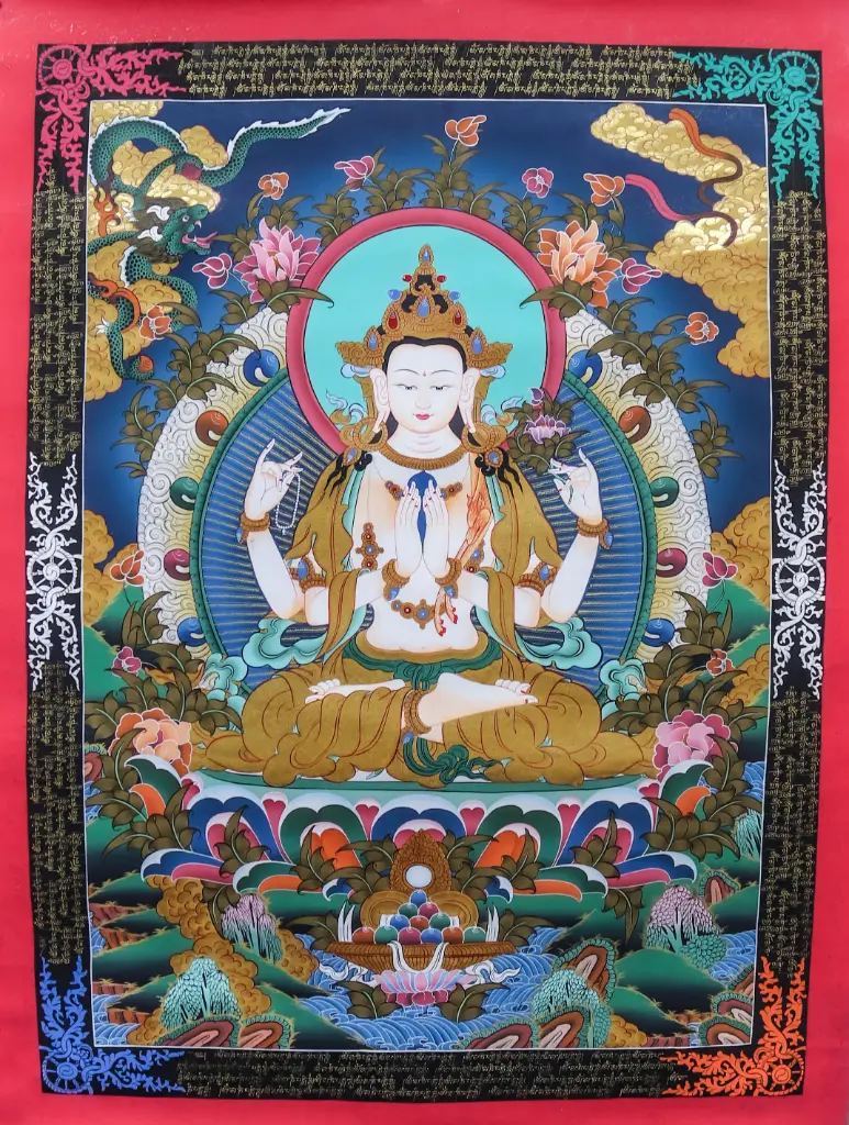 Four-Armed Chenrezig Thangka (Mantra-Infused Masterpiece)
