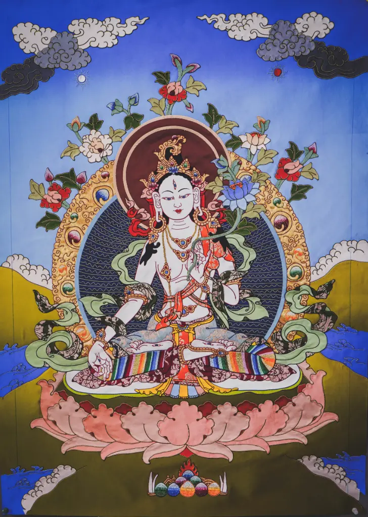 White Tara Thangka – Tibetan Silk Applique