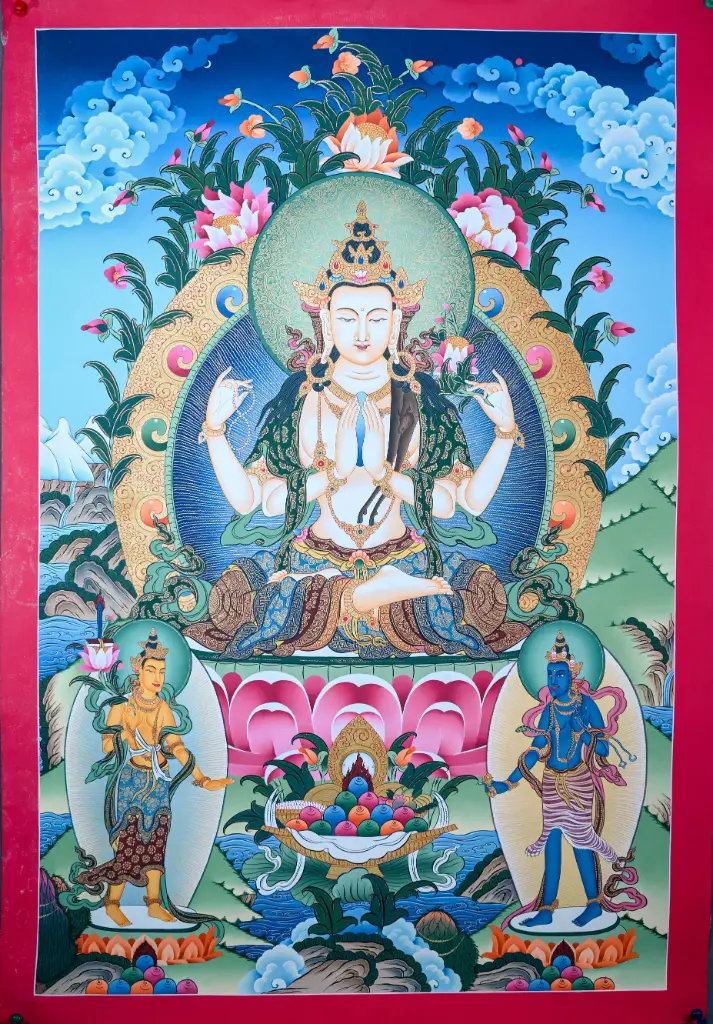 Chenrezig Thangka with Manjushri & Vajrapani – Menri Landscape