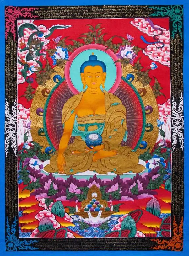 Shakyamuni Buddha Thangka (Consecrated Red Marthang with Mantra Border)