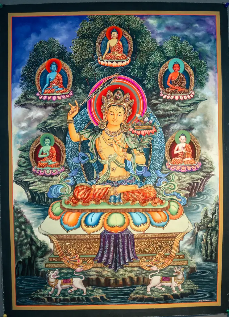 Manjushri Thangka – Five Dhyani Buddha Assembly