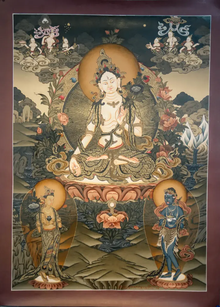 Consecrated White Tara Night Thangka – Trinity of Longevity
