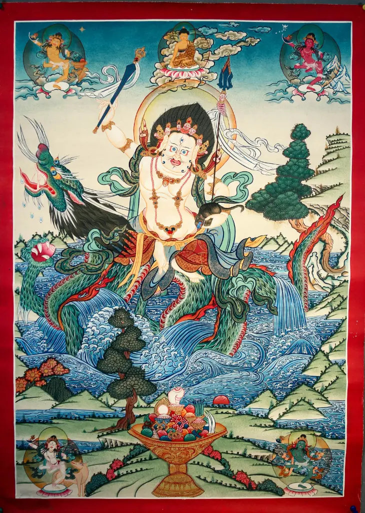 White Jambhala Thangka – Full Dakini Mandala – The Dragon of Abundance