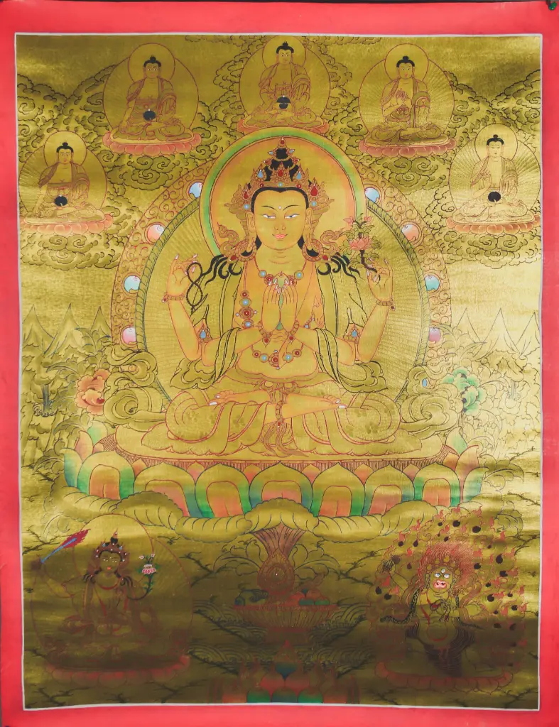 Chenrezig Thangka – 24K Gold Serthang – The Heart of Awakened Compassion