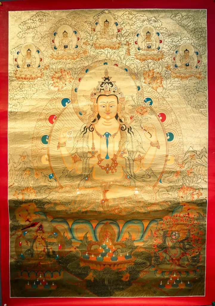 Chenrezig Thangka – 24K Gold Serthang – The Heart of Awakened Compassion