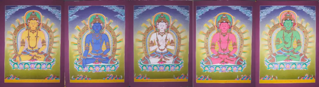 Five Dhyani Buddhas Thangka Set | The 5 Wisdom Tathagatas | Hand-Painted Art
