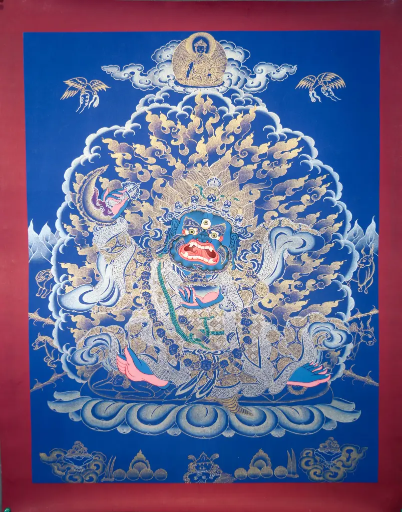Bernakchen Mahakala Thangka – Deep Blue & Gold Style