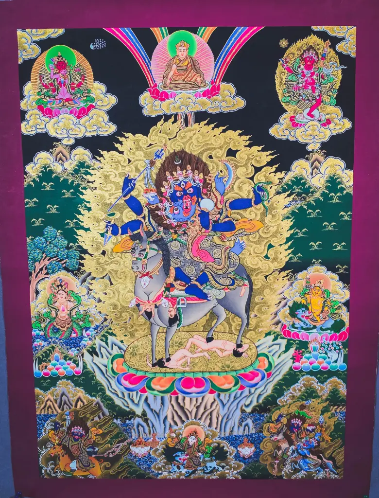 Rare Palden Lhamo Thangka – Yab-Yum Consort Assembly – Fierce Protection