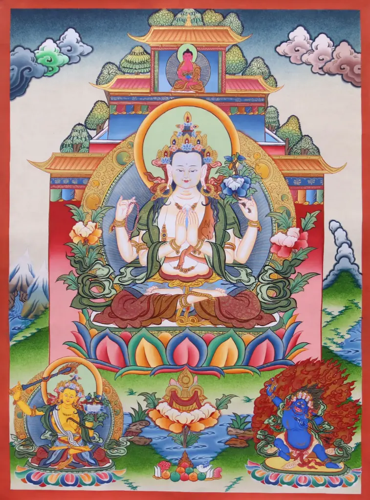 Rigsum Gonpo Thangka (Chenrezig, Manjushri, Vajrapani)